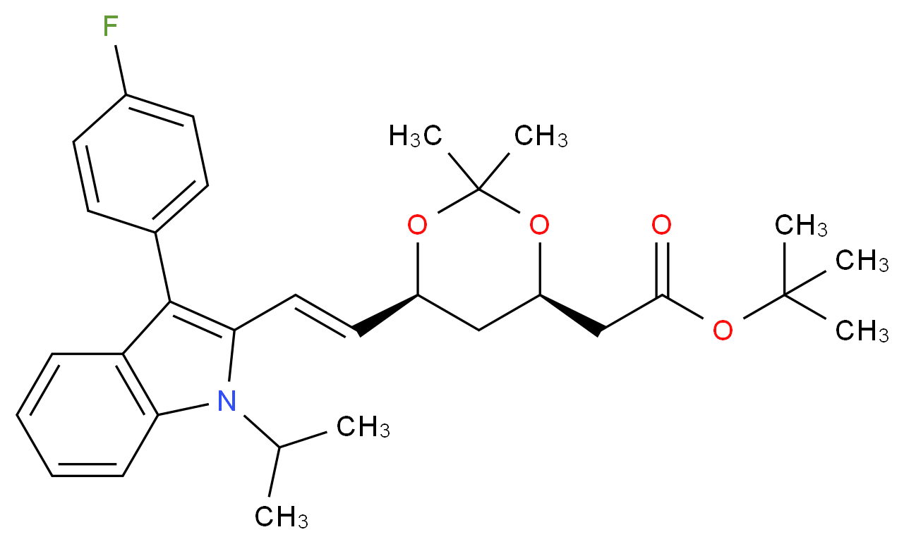 tert-butyl 2-[(4R,6S)-6-[(E)-2-[3-(4-fluorophenyl)-1-(propan-2-yl)-1H-indol-2-yl]ethenyl]-2,2-dimethyl-1,3-dioxan-4-yl]acetate_分子结构_CAS_500731-91-9