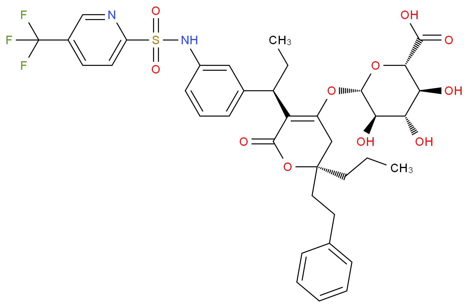 (2S,3S,4S,5R,6S)-3,4,5-trihydroxy-6-{[(2R)-6-oxo-2-(2-phenylethyl)-2-propyl-5-[(1R)-1-{3-[5-(trifluoromethyl)pyridine-2-sulfonamido]phenyl}propyl]-3,6-dihydro-2H-pyran-4-yl]oxy}oxane-2-carboxylic acid_分子结构_CAS_947408-14-2