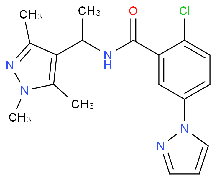 2-chloro-5-(1H-pyrazol-1-yl)-N-[1-(1,3,5-trimethyl-1H-pyrazol-4-yl)ethyl]benzamide_分子结构_CAS_)