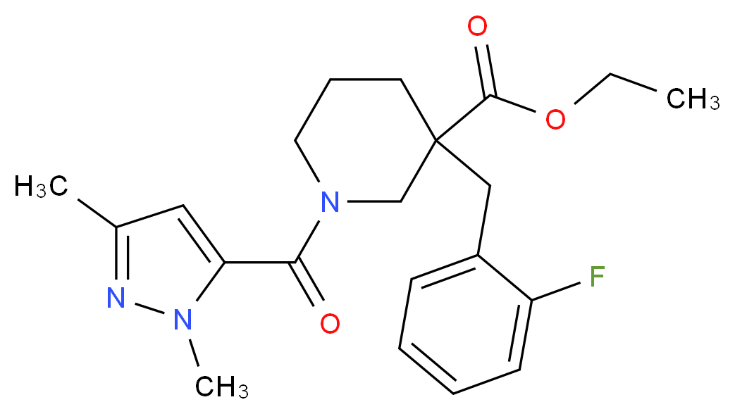 ethyl 1-[(1,3-dimethyl-1H-pyrazol-5-yl)carbonyl]-3-(2-fluorobenzyl)-3-piperidinecarboxylate_分子结构_CAS_)