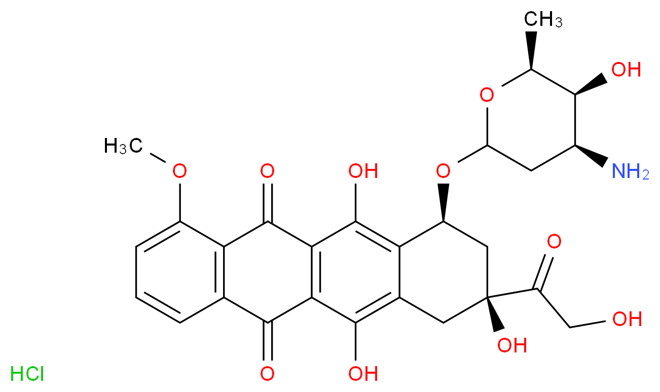 (8S,10S)-10-{[(4S,5S,6S)-4-amino-5-hydroxy-6-methyloxan-2-yl]oxy}-6,8,11-trihydroxy-8-(2-hydroxyacetyl)-1-methoxy-5,7,8,9,10,12-hexahydrotetracene-5,12-dione hydrochloride_分子结构_CAS_25316-40-9