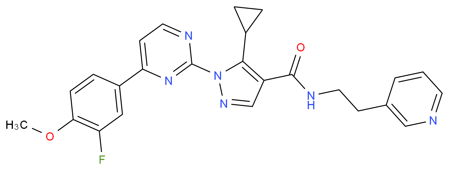5-cyclopropyl-1-[4-(3-fluoro-4-methoxyphenyl)-2-pyrimidinyl]-N-[2-(3-pyridinyl)ethyl]-1H-pyrazole-4-carboxamide_分子结构_CAS_)