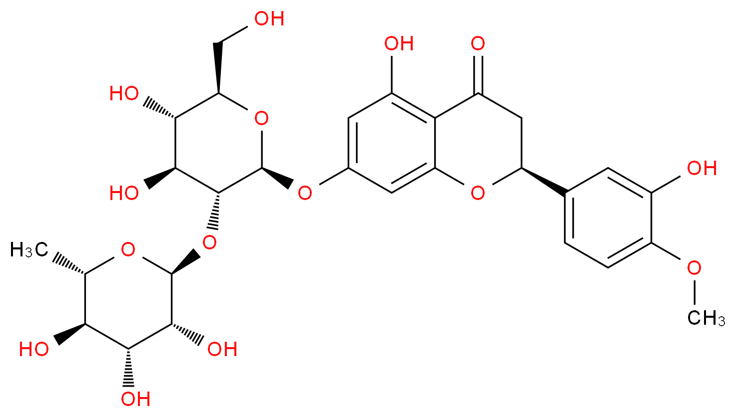 (2S)-7-{[(2S,3R,4S,5S,6R)-4,5-dihydroxy-6-(hydroxymethyl)-3-{[(2S,3R,4R,5R,6S)-3,4,5-trihydroxy-6-methyloxan-2-yl]oxy}oxan-2-yl]oxy}-5-hydroxy-2-(3-hydroxy-4-methoxyphenyl)-3,4-dihydro-2H-1-benzopyran-4-one_分子结构_CAS_13241-33-3