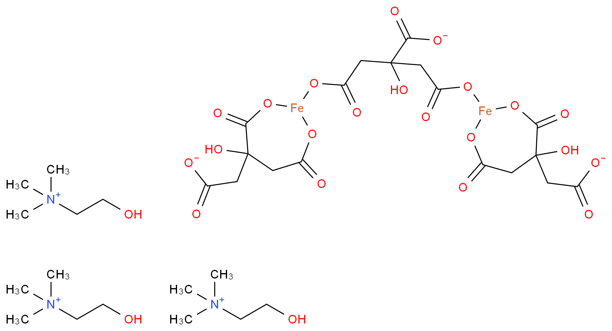 tris((2-hydroxyethyl)trimethylazanium) 4-{[5-(carboxylatomethyl)-5-hydroxy-4,7-dioxo-1,3-dioxa-2-ferracycloheptan-2-yl]oxy}-2-(2-{[5-(carboxylatomethyl)-5-hydroxy-4,7-dioxo-1,3-dioxa-2-ferracycloheptan-2-yl]oxy}-2-oxoethyl)-2-hydroxy-4-oxobutanoate_分子结构_CAS_1336-80-7