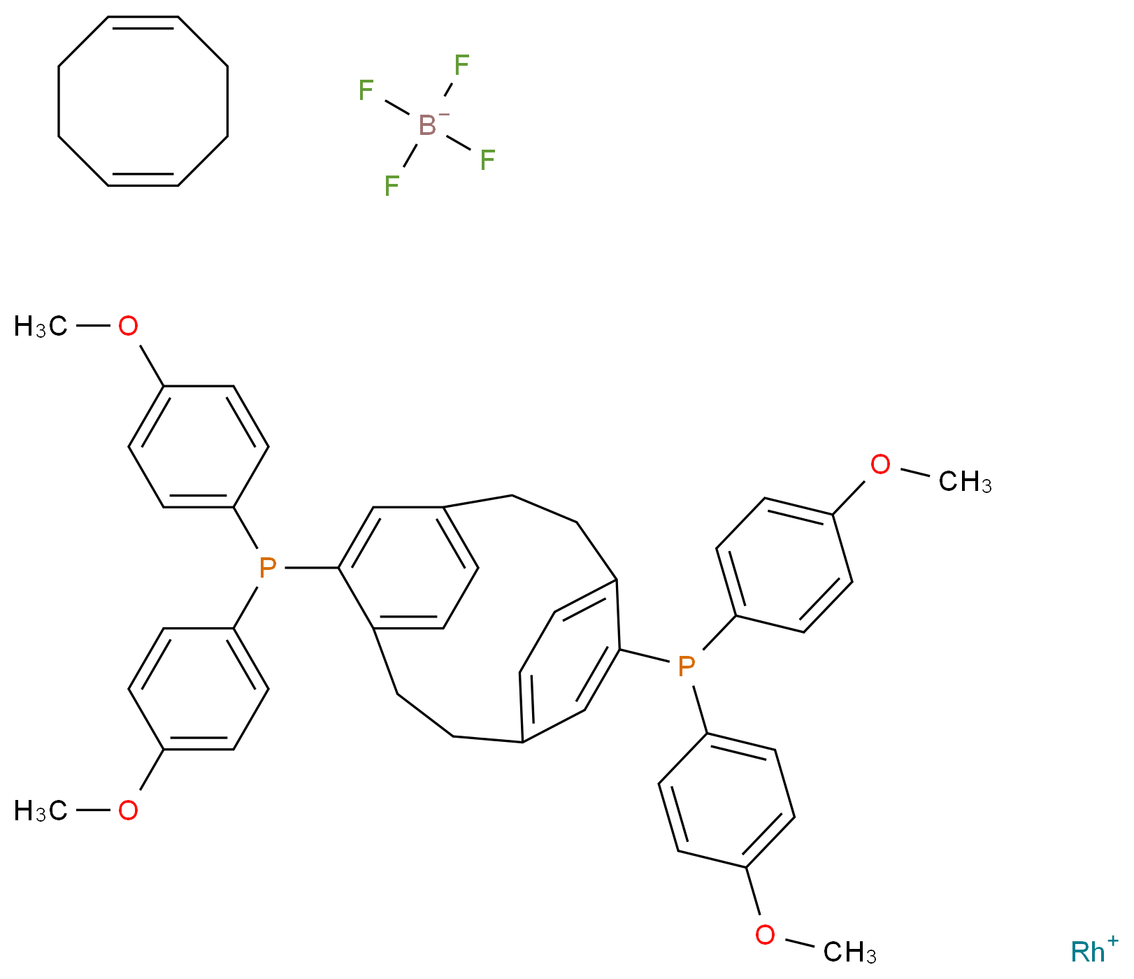 λ<sup>1</sup>-rhodium(1+) ion (1Z,5Z)-cycloocta-1,5-diene tetrafluoroboranuide {11-[bis(4-methoxyphenyl)phosphanyl]tricyclo[8.2.2.2<sup>4</sup>,<sup>7</sup>]hexadeca-1(12),4,6,10,13,15-hexaen-5-yl}bis(4-methoxyphenyl)phosphane_分子结构_CAS_1038932-68-1