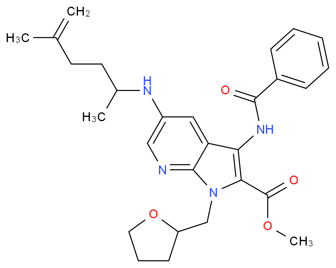 methyl 3-(benzoylamino)-5-[(1,4-dimethyl-4-penten-1-yl)amino]-1-(tetrahydro-2-furanylmethyl)-1H-pyrrolo[2,3-b]pyridine-2-carboxylate_分子结构_CAS_)