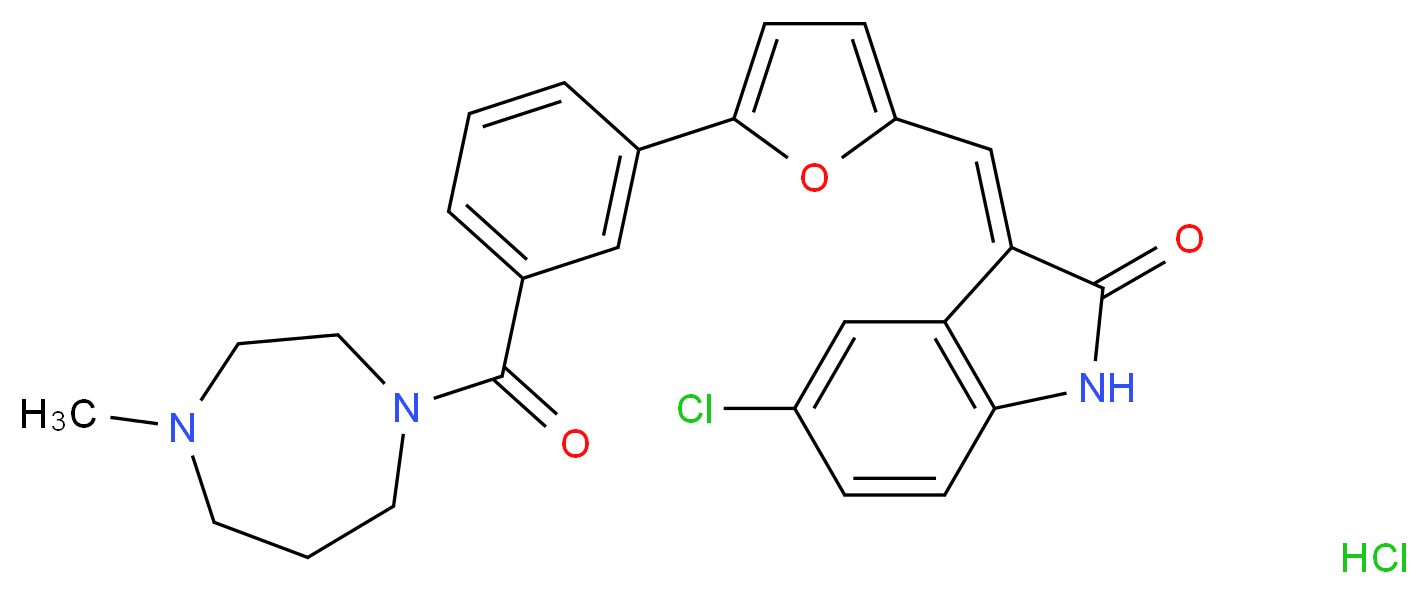 (3E)-5-chloro-3-({5-[3-(4-methyl-1,4-diazepane-1-carbonyl)phenyl]furan-2-yl}methylidene)-2,3-dihydro-1H-indol-2-one hydrochloride_分子结构_CAS_1353859-00-3