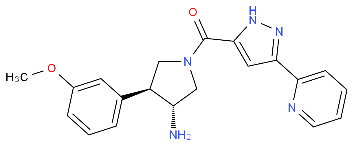 (3R*,4S*)-4-(3-methoxyphenyl)-1-[(3-pyridin-2-yl-1H-pyrazol-5-yl)carbonyl]pyrrolidin-3-amine_分子结构_CAS_)