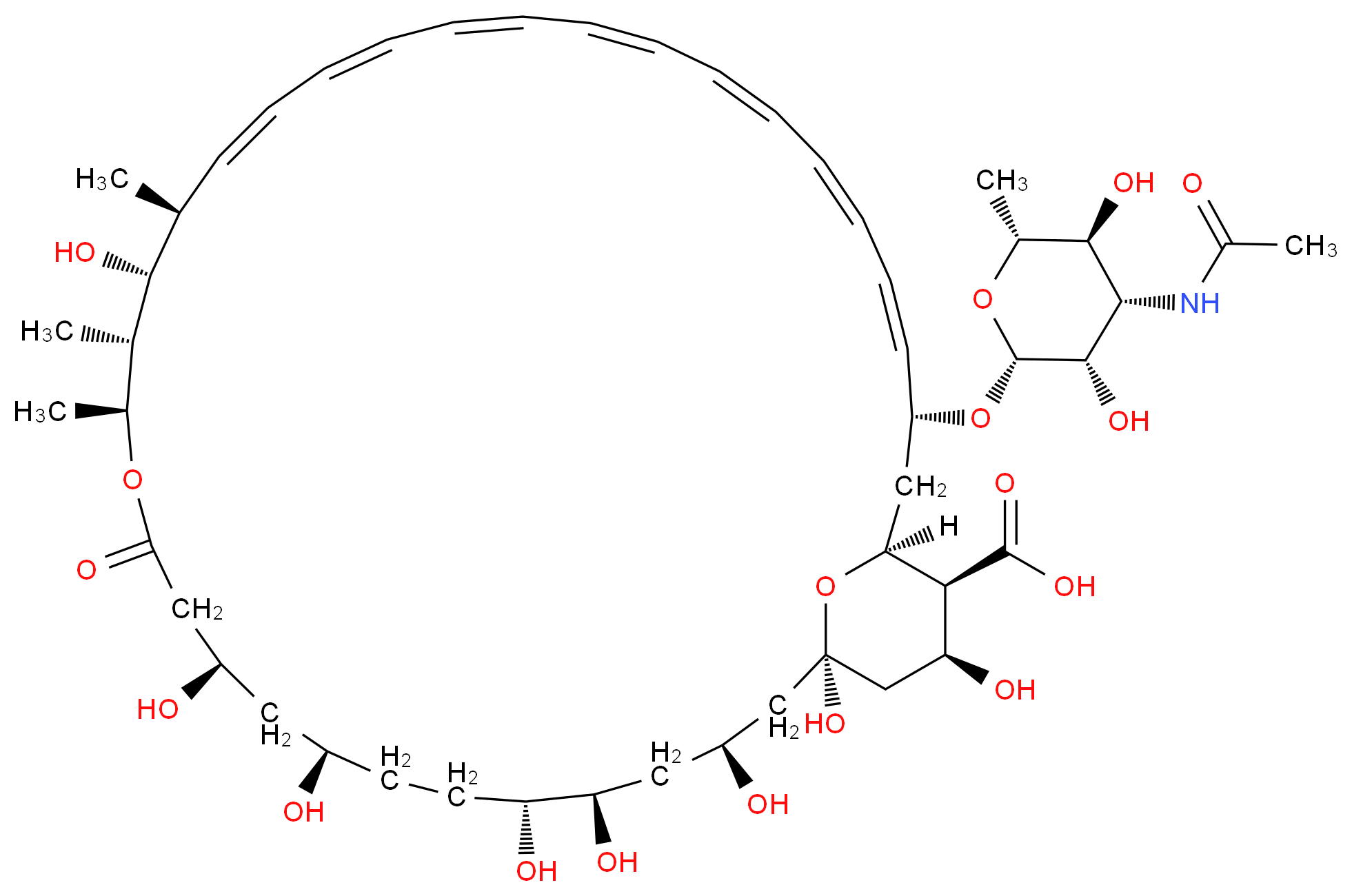 (1R,3S,5R,6R,9R,11R,15S,16R,17R,18S,19E,21E,23E,25E,27E,29E,31E,33R,35S,36S,37S)-33-{[(2R,3S,4S,5S,6R)-4-acetamido-3,5-dihydroxy-6-methyloxan-2-yl]oxy}-1,3,5,6,9,11,17,37-octahydroxy-15,16,18-trimethyl-13-oxo-14,39-dioxabicyclo[33.3.1]nonatriaconta-19,21,23,25,27,29,31-heptaene-36-carboxylic acid_分子结构_CAS_902457-23-2