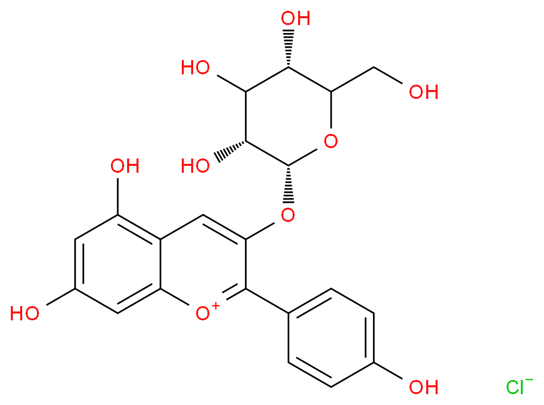 5,7-dihydroxy-2-(4-hydroxyphenyl)-3-{[(2R,3R,5S)-3,4,5-trihydroxy-6-(hydroxymethyl)oxan-2-yl]oxy}-1λ<sup>4</sup>-chromen-1-ylium chloride_分子结构_CAS_34425-22-4