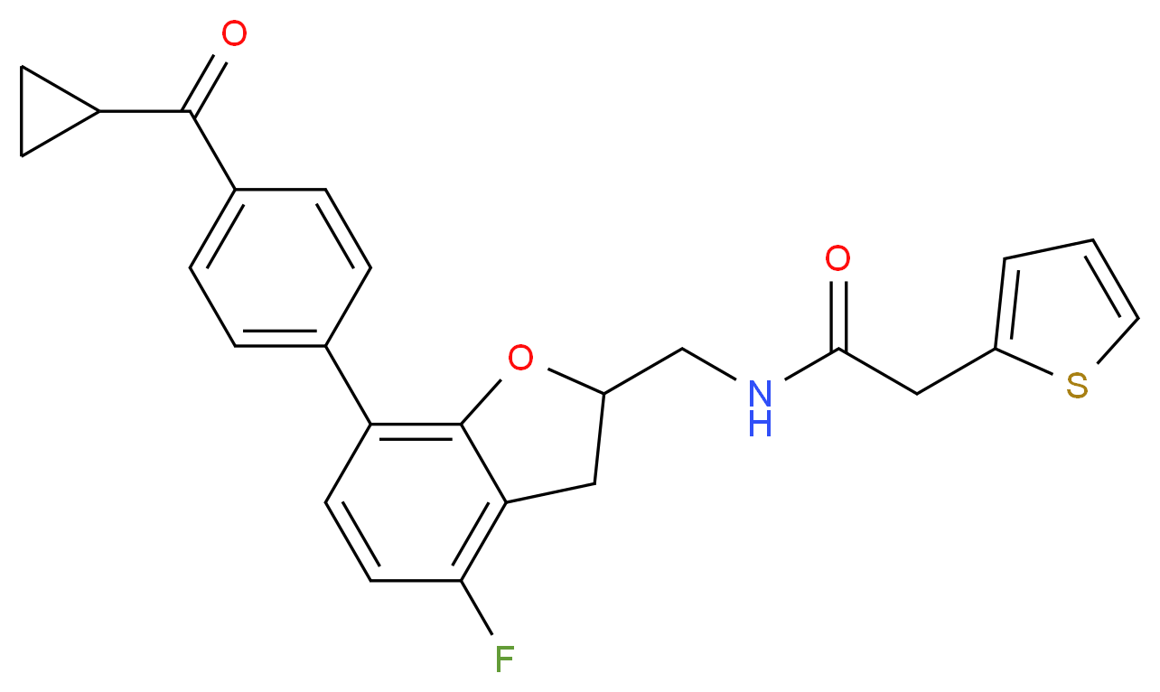 N-({7-[4-(cyclopropylcarbonyl)phenyl]-4-fluoro-2,3-dihydro-1-benzofuran-2-yl}methyl)-2-(2-thienyl)acetamide_分子结构_CAS_)