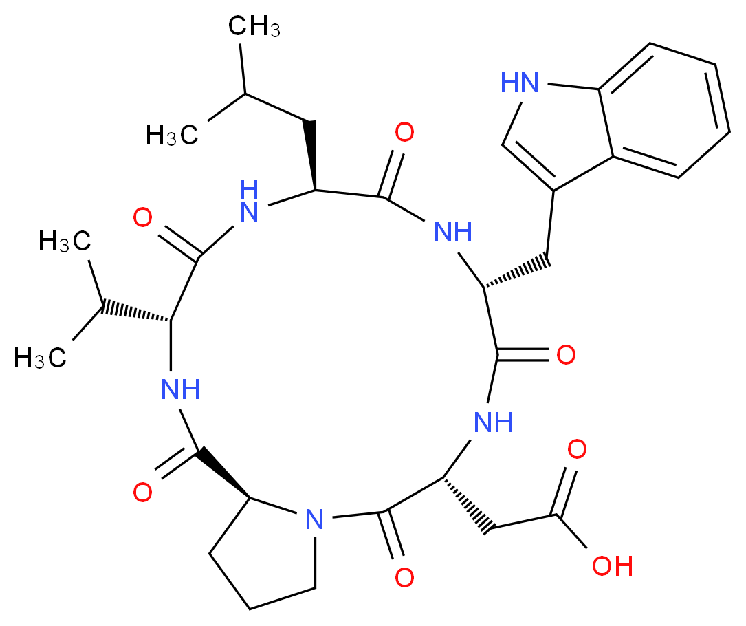 2-[(3R,6S,9R,12R,17aS)-9-(1H-indol-3-ylmethyl)-6-(2-methylpropyl)-1,4,7,10,13-pentaoxo-3-(propan-2-yl)-hexadecahydro-1H-pyrrolo[1,2-a]1,4,7,10,13-pentaazacyclopentadecan-12-yl]acetic acid_分子结构_CAS_136553-81-6