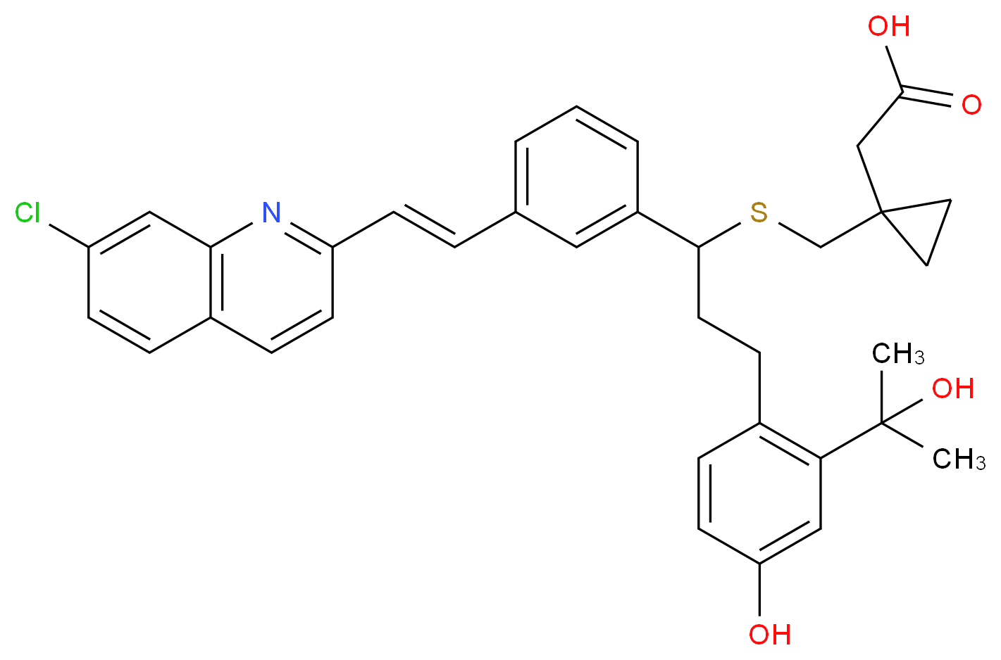 2-(1-{[(1-{3-[(E)-2-(7-chloroquinolin-2-yl)ethenyl]phenyl}-3-[4-hydroxy-2-(2-hydroxypropan-2-yl)phenyl]propyl)sulfanyl]methyl}cyclopropyl)acetic acid_分子结构_CAS_200804-28-0