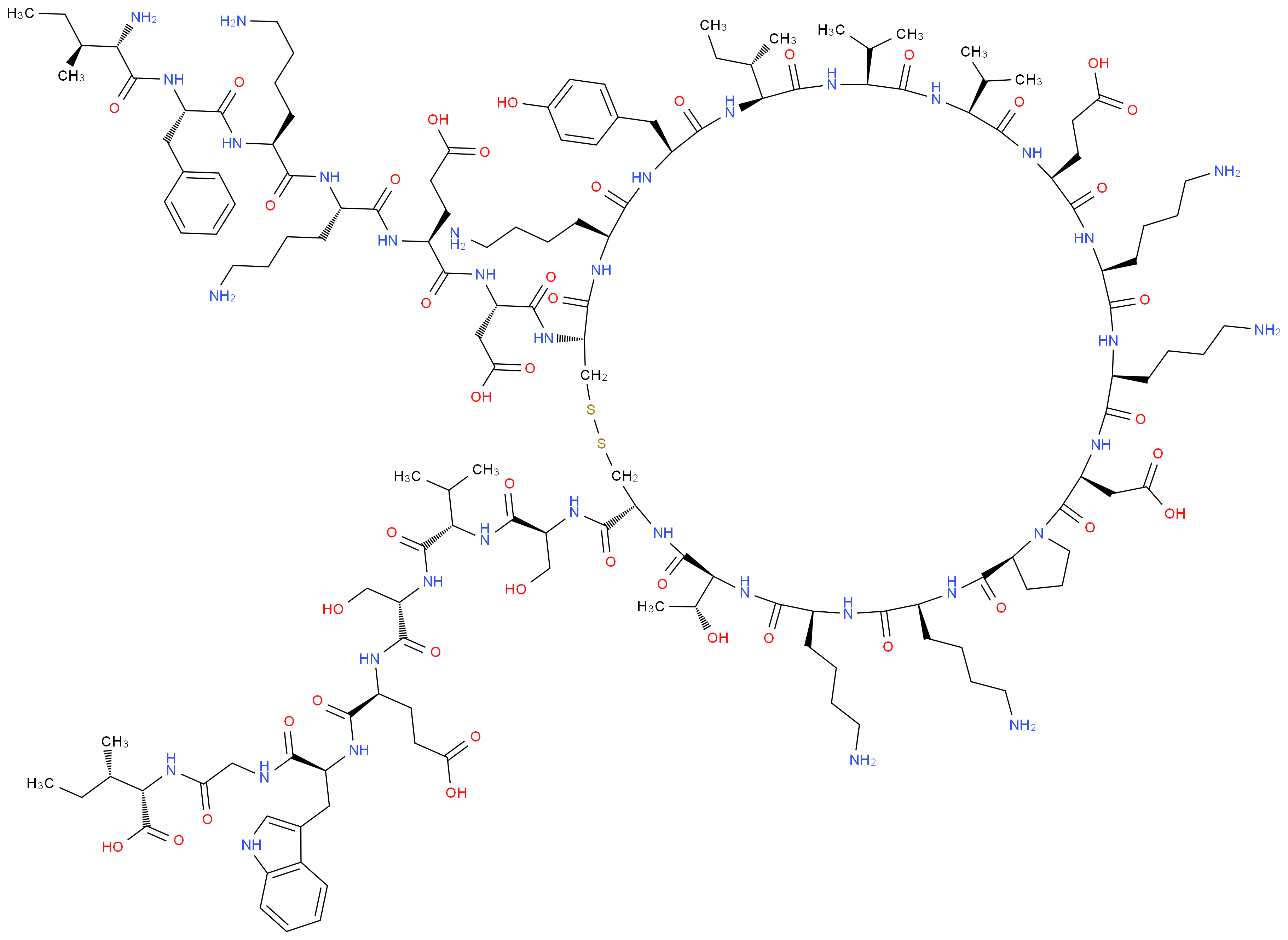 (2S,3S)-2-{2-[(2S)-2-[(2S)-2-[(2S)-2-[(2S)-2-[(2S)-2-{[(3S,6S,9S,12R,17R,20S,23S,26S,29S,32S,35S,38S,41S,44S,49aS)-17-[(2S)-2-[(2S)-2-[(2S)-6-amino-2-[(2S)-6-amino-2-[(2S)-2-[(2S,3S)-2-amino-3-methylpentanamido]-3-phenylpropanamido]hexanamido]hexanamido]-4-carboxybutanamido]-3-carboxypropanamido]-3,6,20,38,41-pentakis(4-aminobutyl)-26-[(2S)-butan-2-yl]-35-(2-carboxyethyl)-44-(carboxymethyl)-9-[(1R)-1-hydroxyethyl]-23-[(4-hydroxyphenyl)methyl]-1,4,7,10,18,21,24,27,30,33,36,39,42,45-tetradecaoxo-29,32-bis(propan-2-yl)-hexatetracontahydro-1H-pyrrolo[2,1-p]1,2-dithia-5,8,11,14,17,20,23,26,29,32,35,38,41,44-tetradecaazacycloheptatetracontan-12-yl]formamido}-3-hydroxypropanamido]-3-methylbutanamido]-3-hydroxypropanamido]-4-carboxybutanamido]-3-(1H-indol-3-yl)propanamido]acetamido}-3-methylpentanoic acid_分子结构_CAS_96182-95-5