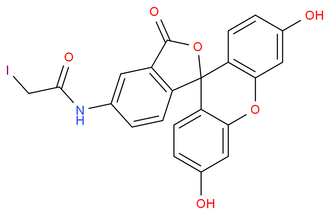 N-{3',6'-dihydroxy-3-oxo-3H-spiro[2-benzofuran-1,9'-xanthene]-5-yl}-2-iodoacetamide_分子结构_CAS_63368-54-7