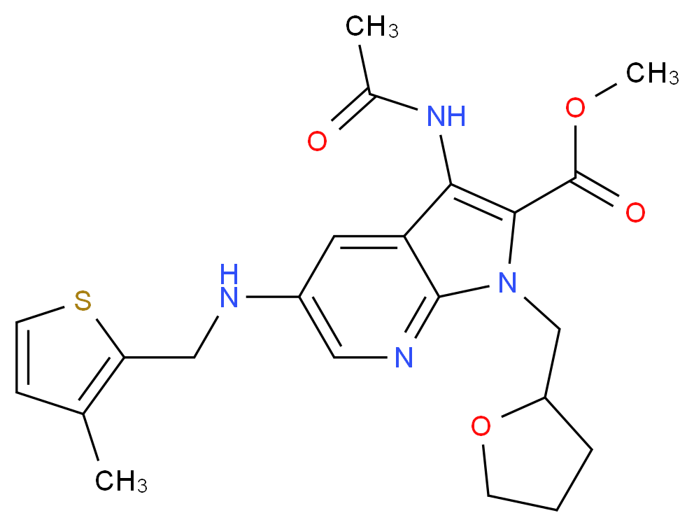 methyl 3-(acetylamino)-5-{[(3-methyl-2-thienyl)methyl]amino}-1-(tetrahydro-2-furanylmethyl)-1H-pyrrolo[2,3-b]pyridine-2-carboxylate_分子结构_CAS_)
