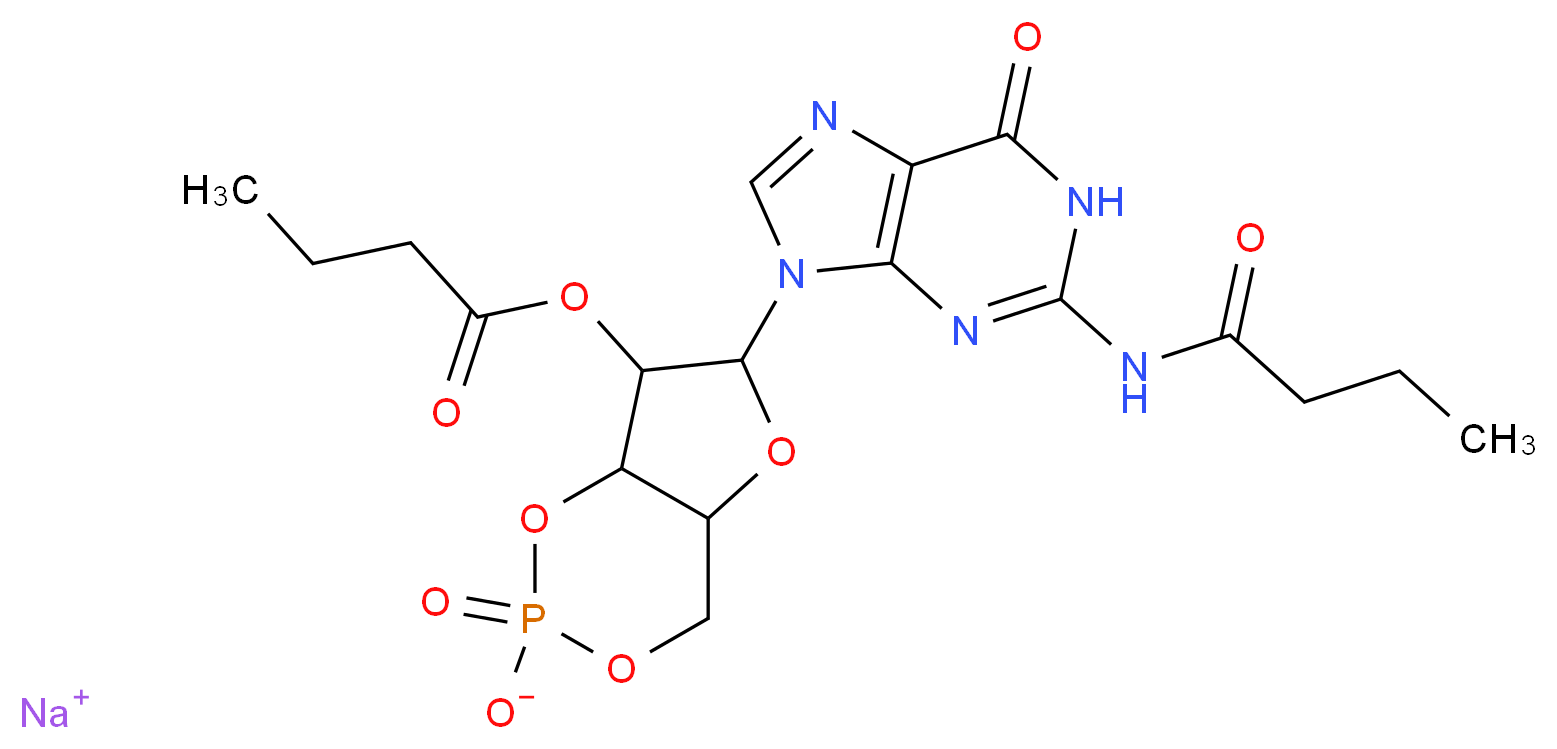 sodium 6-(2-butanamido-6-oxo-6,9-dihydro-1H-purin-9-yl)-7-(butanoyloxy)-2-oxo-hexahydro-1,3,5,2$l^{5}-furo[3,2-d][1,3,2$l^{5}]dioxaphosphinin-2-olate_分子结构_CAS_51116-00-8