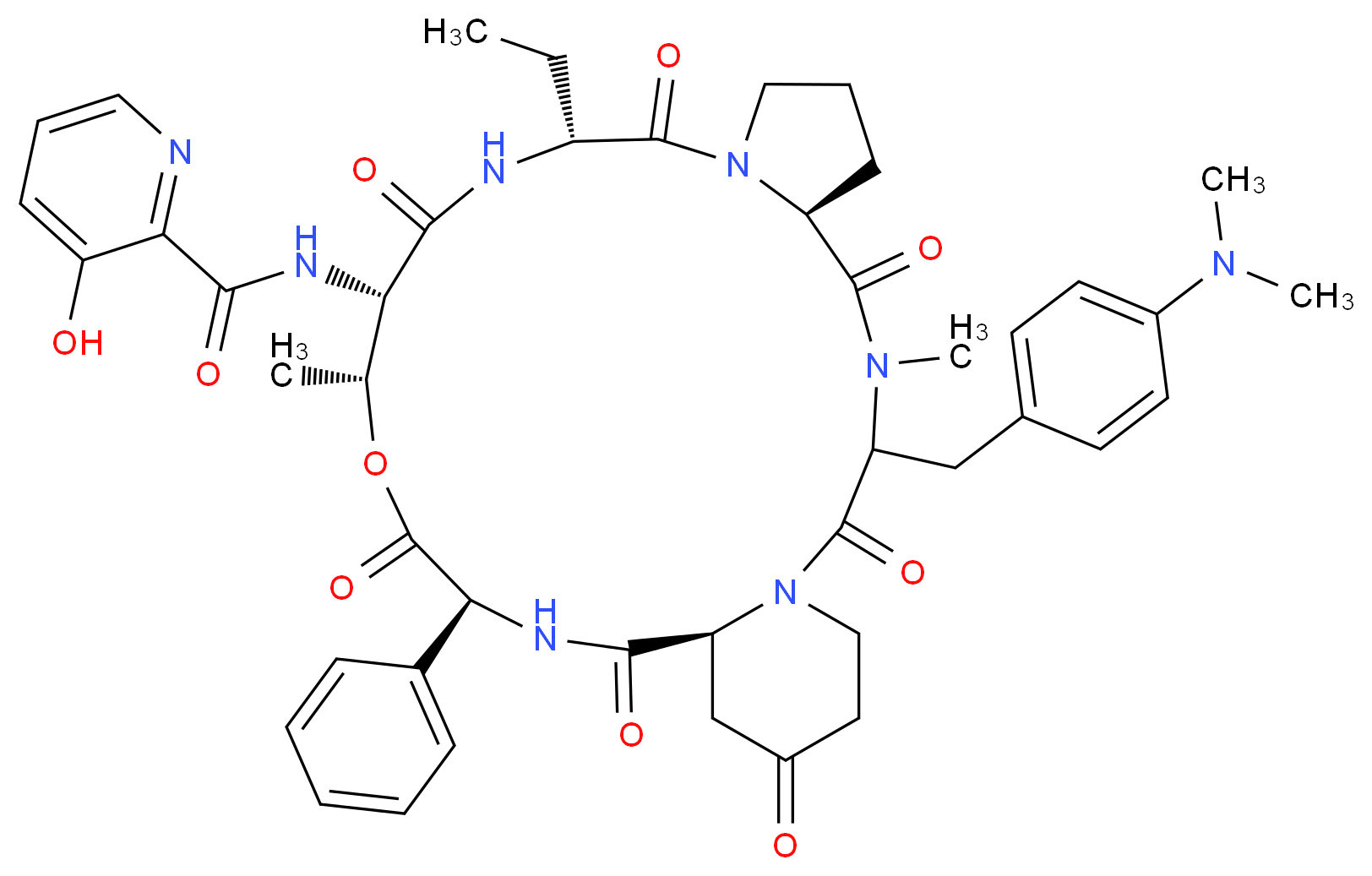 N-[(6S,12R,15S,16R,19S,22S)-3-{[4-(dimethylamino)phenyl]methyl}-12-ethyl-4,16-dimethyl-2,5,11,14,18,21,24-heptaoxo-19-phenyl-17-oxa-1,4,10,13,20-pentaazatricyclo[20.4.0.0<sup>6</sup>,<sup>1</sup><sup>0</sup>]hexacosan-15-yl]-3-hydroxypyridine-2-carboxamide_分子结构_CAS_3131-03-1