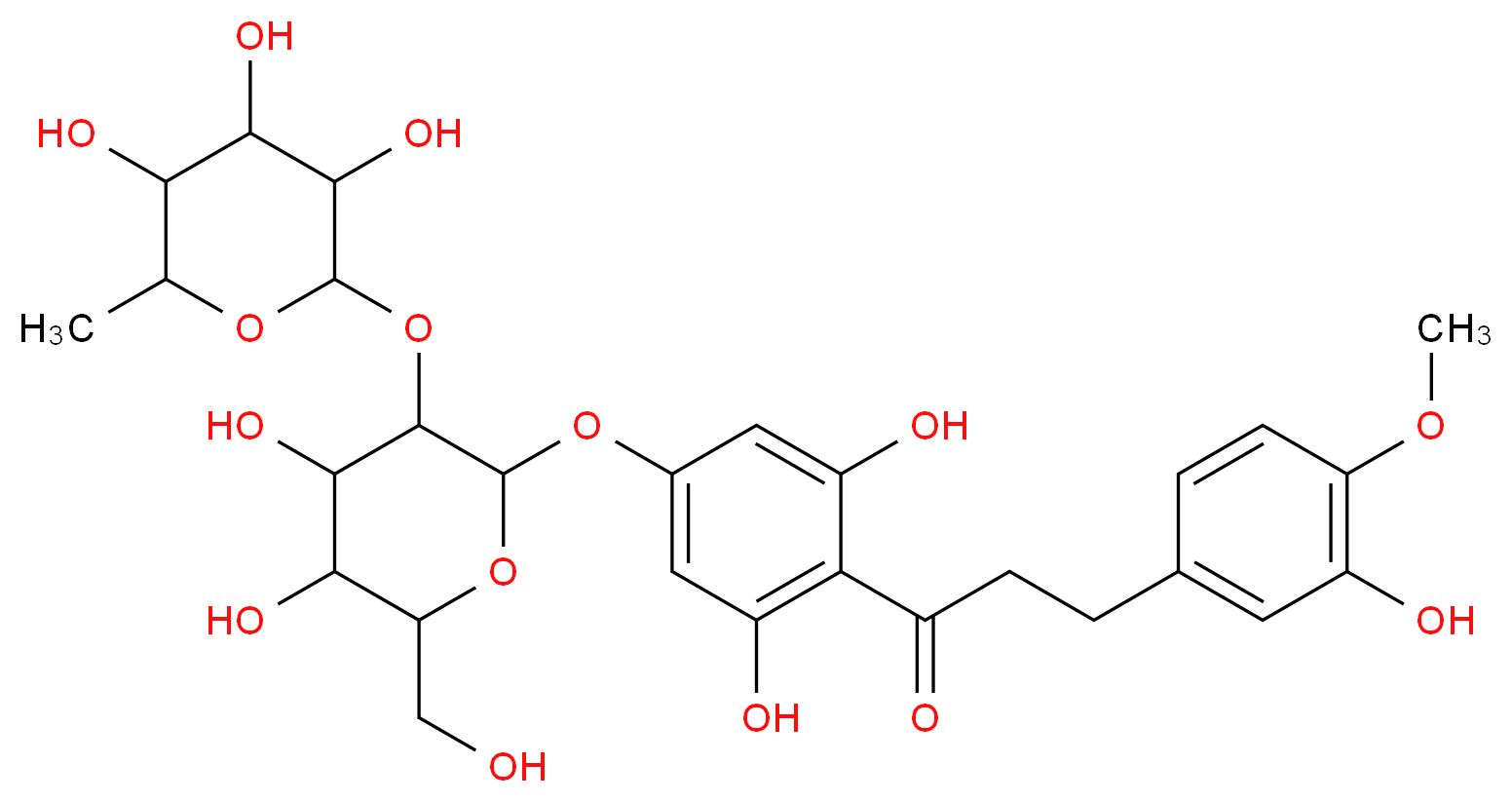 1-(4-((4,5-dihydroxy-6-(hydroxymethyl)-3-((3,4,5-trihydroxy-6-methyltetrahydro-2H-pyran-2-yl)oxy)tetrahydro-2H-pyran-2-yl)oxy)-2,6-dihydroxyphenyl)-3-(3-hydroxy-4-methoxyphenyl)propan-1-one_分子结构_CAS_)