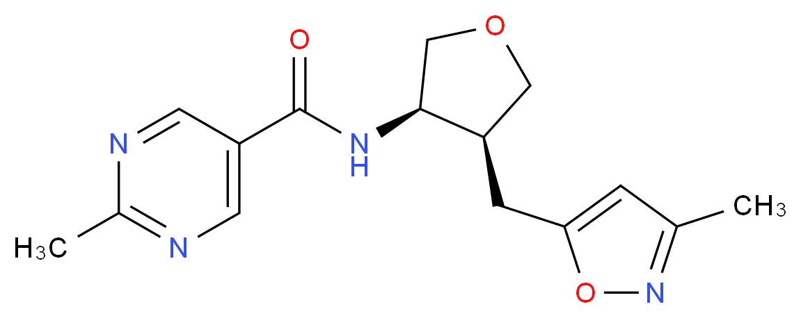 2-methyl-N-{(3R*,4S*)-4-[(3-methylisoxazol-5-yl)methyl]tetrahydrofuran-3-yl}pyrimidine-5-carboxamide_分子结构_CAS_)