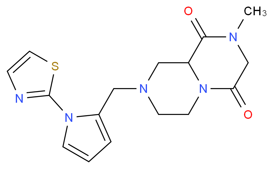 2-methyl-8-{[1-(1,3-thiazol-2-yl)-1H-pyrrol-2-yl]methyl}tetrahydro-2H-pyrazino[1,2-a]pyrazine-1,4(3H,6H)-dione_分子结构_CAS_)