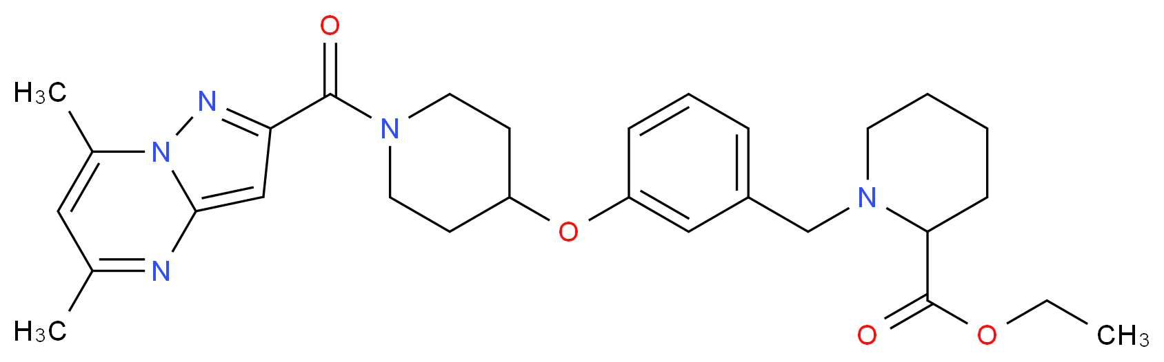 ethyl 1-[3-({1-[(5,7-dimethylpyrazolo[1,5-a]pyrimidin-2-yl)carbonyl]-4-piperidinyl}oxy)benzyl]-2-piperidinecarboxylate_分子结构_CAS_)