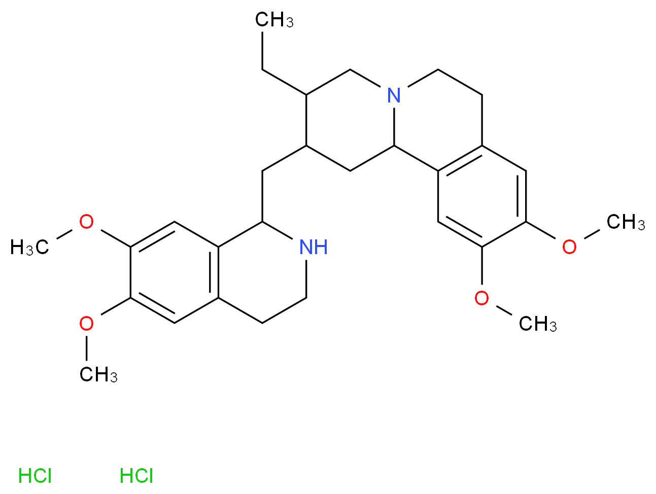 1-({3-ethyl-9,10-dimethoxy-1H,2H,3H,4H,6H,7H,11bH-pyrido[2,1-a]isoquinolin-2-yl}methyl)-6,7-dimethoxy-1,2,3,4-tetrahydroisoquinoline dihydrochloride_分子结构_CAS_316-42-7