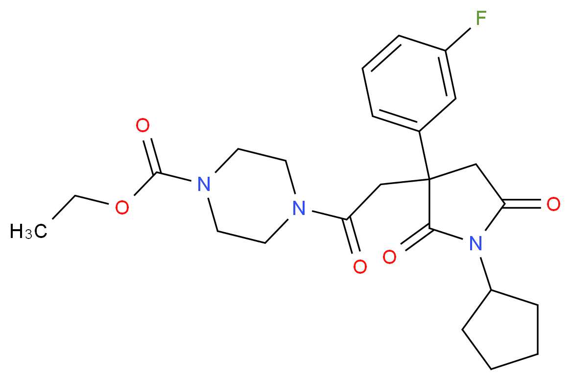 ethyl 4-{[1-cyclopentyl-3-(3-fluorophenyl)-2,5-dioxo-3-pyrrolidinyl]acetyl}-1-piperazinecarboxylate_分子结构_CAS_)