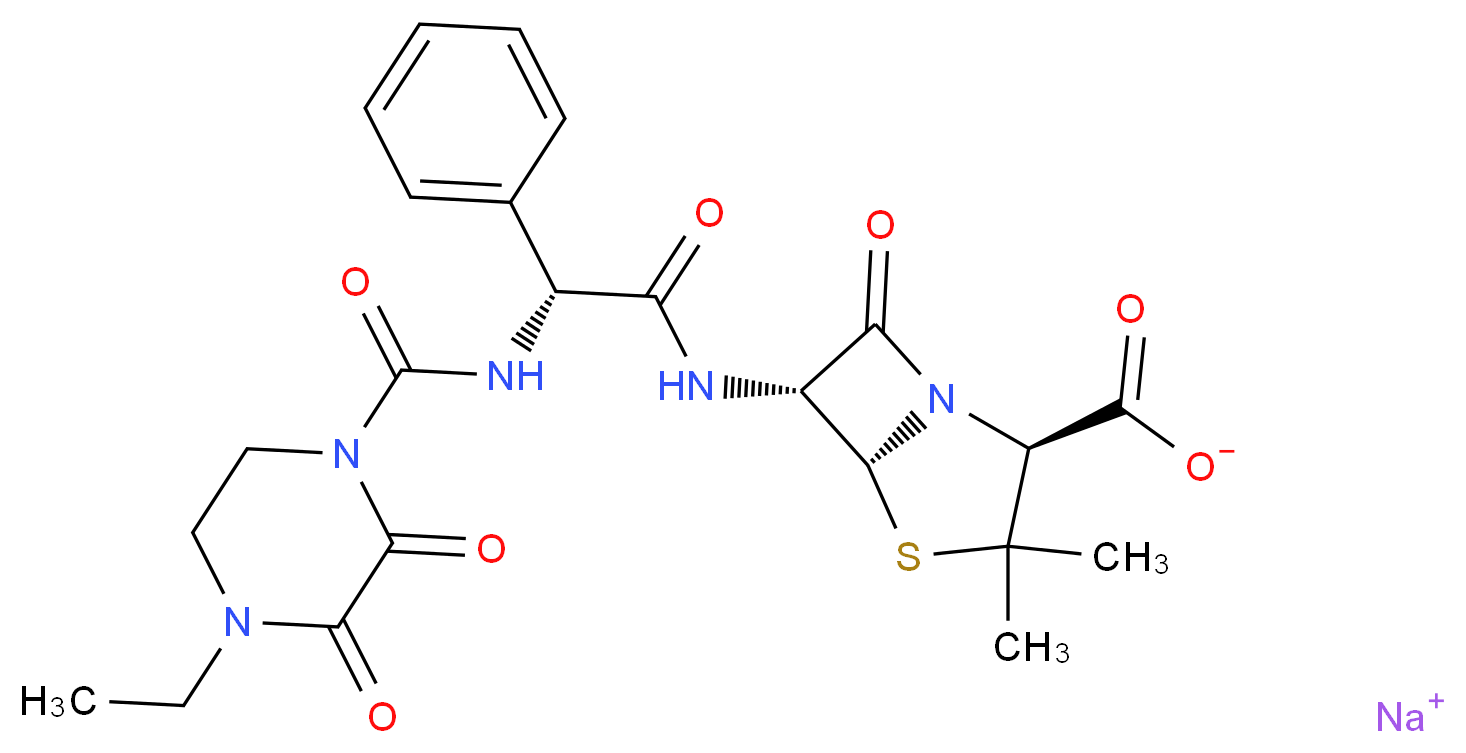 sodium (2S,5R,6R)-6-[(2R)-2-[(4-ethyl-2,3-dioxopiperazine-1-carbonyl)amino]-2-phenylacetamido]-3,3-dimethyl-7-oxo-4-thia-1-azabicyclo[3.2.0]heptane-2-carboxylate_分子结构_CAS_59703-84-3