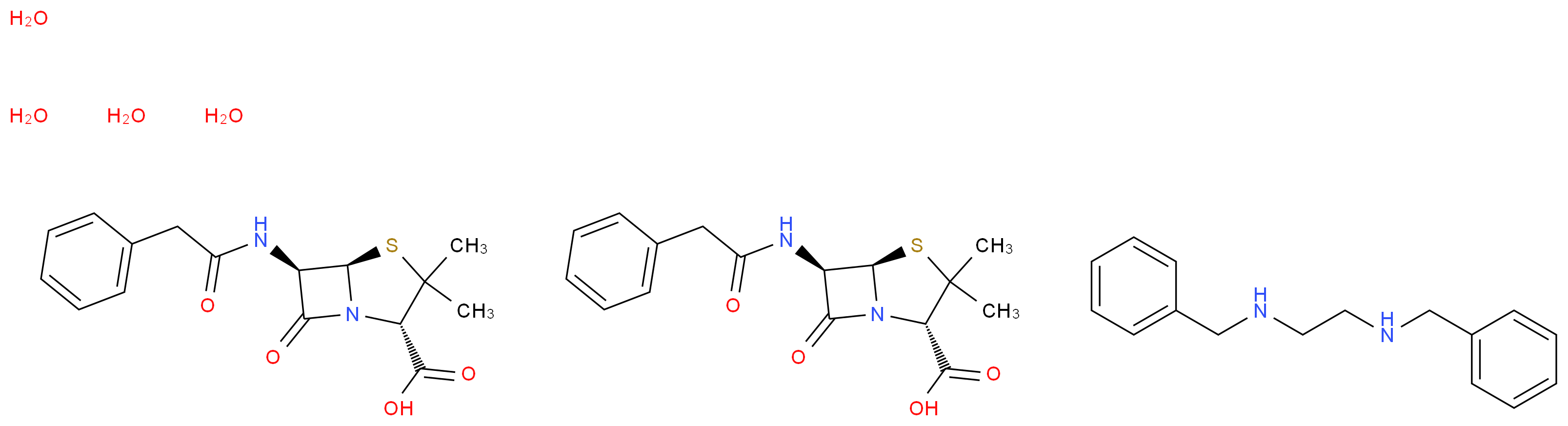 bis((2S,5R,6R)-3,3-dimethyl-7-oxo-6-(2-phenylacetamido)-4-thia-1-azabicyclo[3.2.0]heptane-2-carboxylic acid) benzyl[2-(benzylamino)ethyl]amine tetrahydrate_分子结构_CAS_1538-09-6