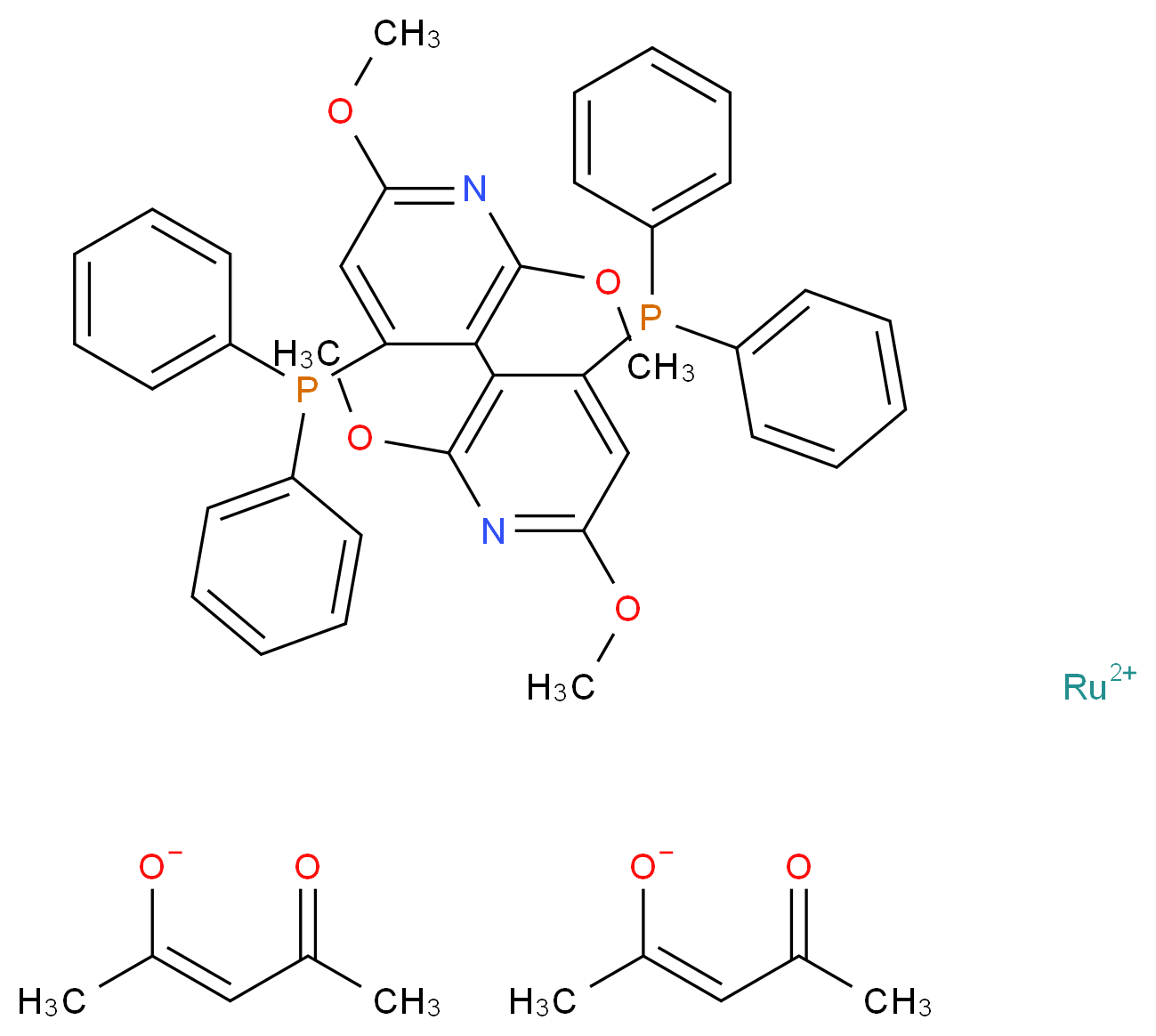 λ<sup>2</sup>-ruthenium(2+) ion 4-(diphenylphosphanyl)-3-[4-(diphenylphosphanyl)-2,6-dimethoxypyridin-3-yl]-2,6-dimethoxypyridine bis((2Z)-4-oxopent-2-en-2-olate)_分子结构_CAS_316829-35-3