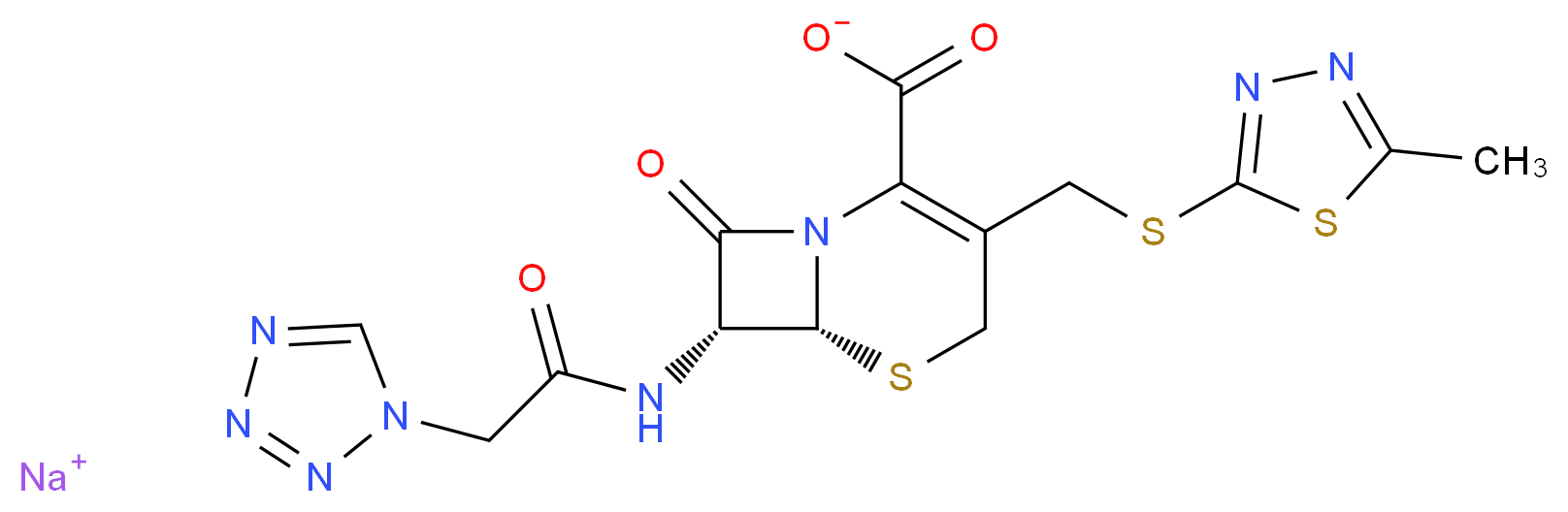 sodium (6R,7R)-3-{[(5-methyl-1,3,4-thiadiazol-2-yl)sulfanyl]methyl}-8-oxo-7-[2-(1H-1,2,3,4-tetrazol-1-yl)acetamido]-5-thia-1-azabicyclo[4.2.0]oct-2-ene-2-carboxylate_分子结构_CAS_27164-46-1