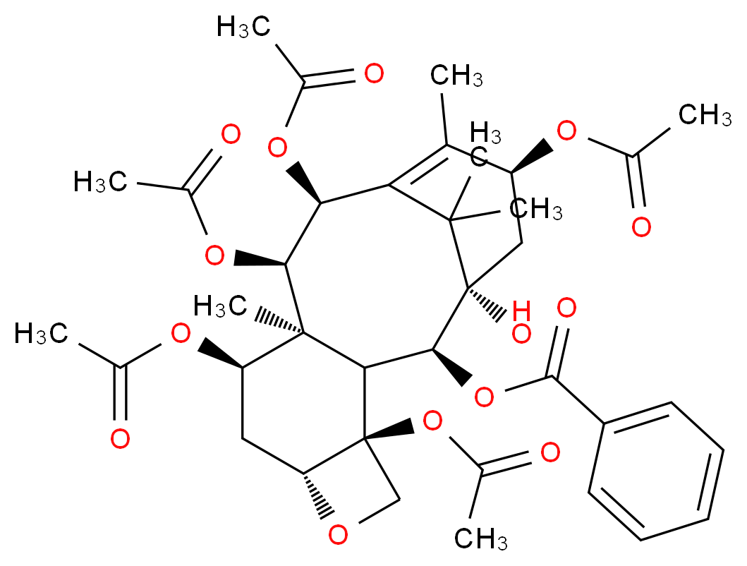 (1S,2S,3R,4S,7R,9R,10S,11R,12S,15S)-4,9,11,12,15-pentakis(acetyloxy)-1-hydroxy-10,14,17,17-tetramethyl-6-oxatetracyclo[11.3.1.0<sup>3</sup>,<sup>1</sup><sup>0</sup>.0<sup>4</sup>,<sup>7</sup>]heptadec-13-en-2-yl benzoate_分子结构_CAS_57672-79-4
