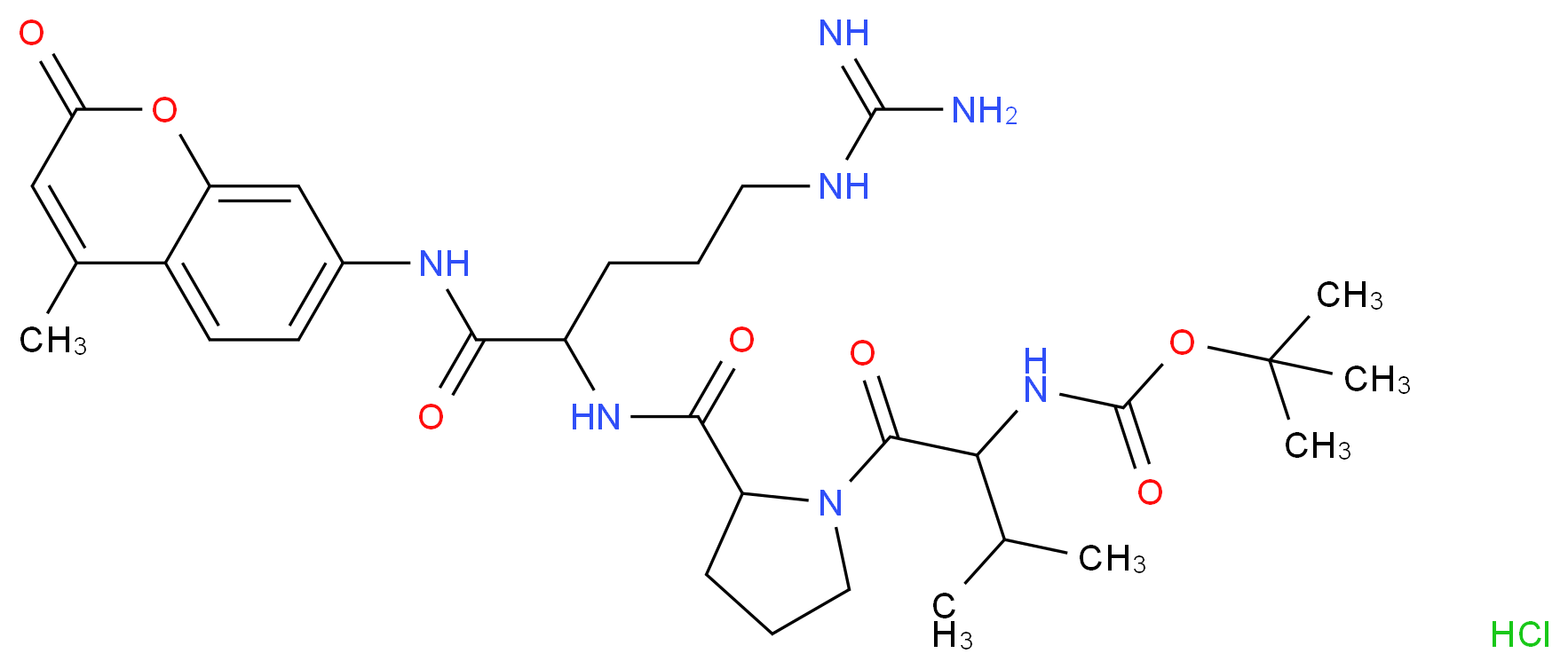 tert-butyl N-{1-[2-({4-carbamimidamido-1-[(4-methyl-2-oxo-2H-chromen-7-yl)carbamoyl]butyl}carbamoyl)pyrrolidin-1-yl]-3-methyl-1-oxobutan-2-yl}carbamate hydrochloride_分子结构_CAS_70375-24-5