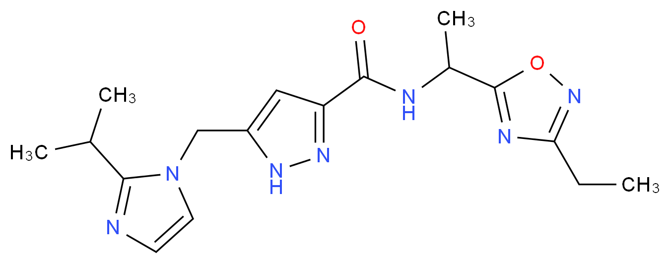 N-[1-(3-ethyl-1,2,4-oxadiazol-5-yl)ethyl]-5-[(2-isopropyl-1H-imidazol-1-yl)methyl]-1H-pyrazole-3-carboxamide_分子结构_CAS_)