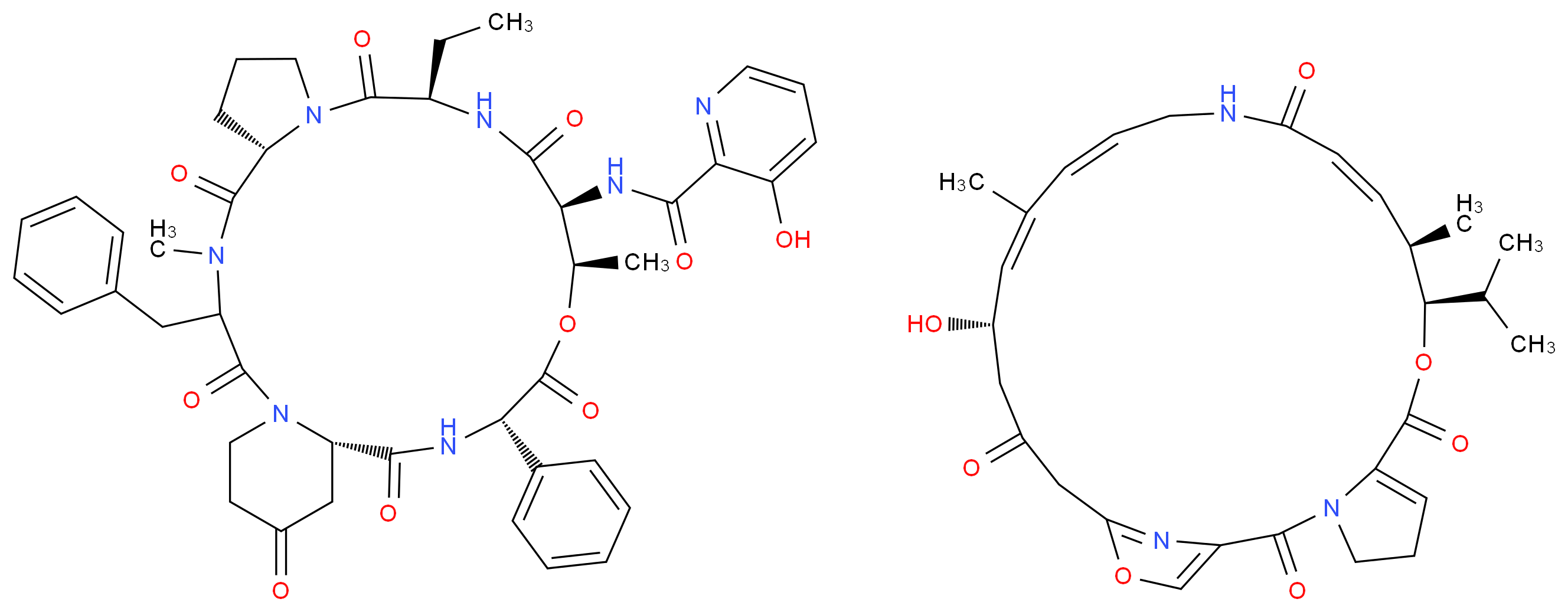 (10R,11R,12E,17E,19E,21S)-21-hydroxy-11,19-dimethyl-10-(propan-2-yl)-9,26-dioxa-3,15,28-triazatricyclo[23.2.1.0<sup>3</sup>,<sup>7</sup>]octacosa-1(27),6,12,17,19,25(28)-hexaene-2,8,14,23-tetrone; N-[(6S,12R,15S,16R,19S,22S)-3-benzyl-12-ethyl-4,16-dimethyl-2,5,11,14,18,21,24-heptaoxo-19-phenyl-17-oxa-1,4,10,13,20-pentaazatricyclo[20.4.0.0<sup>6</sup>,<sup>1</sup><sup>0</sup>]hexacosan-15-yl]-3-hydroxypyridine-2-carboxamide_分子结构_CAS_11006-76-1