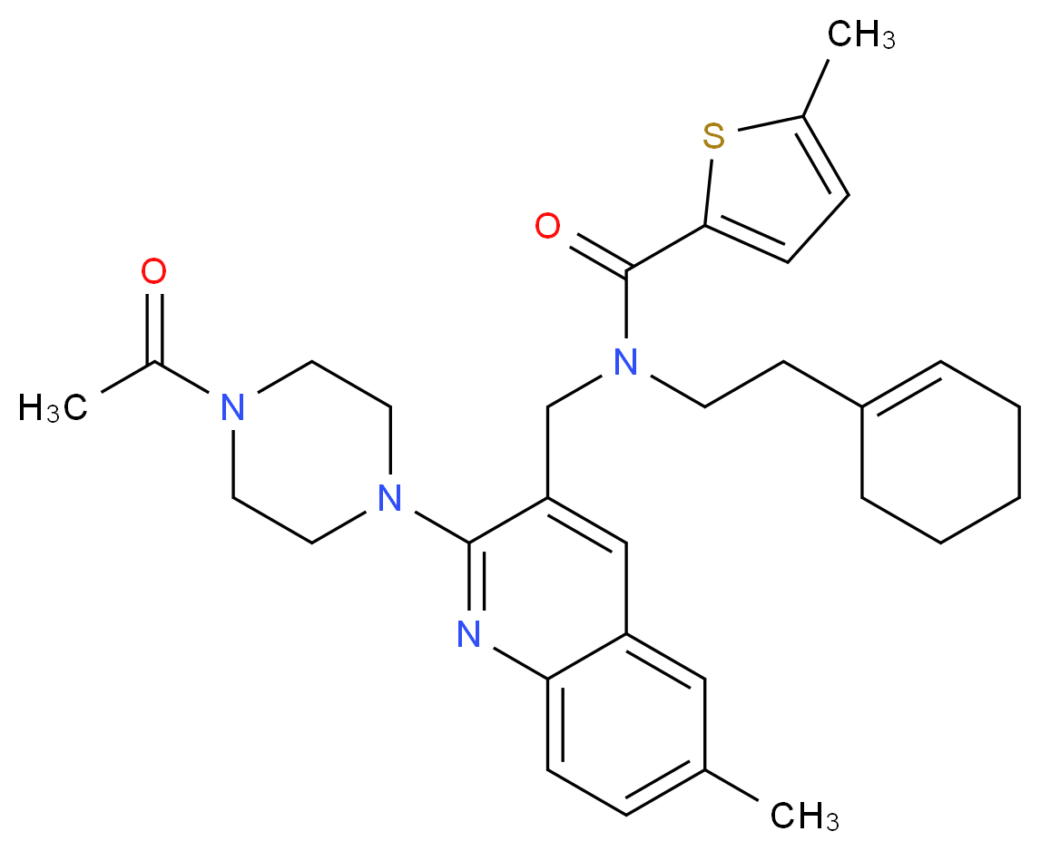 N-{[2-(4-acetyl-1-piperazinyl)-6-methyl-3-quinolinyl]methyl}-N-[2-(1-cyclohexen-1-yl)ethyl]-5-methyl-2-thiophenecarboxamide_分子结构_CAS_)