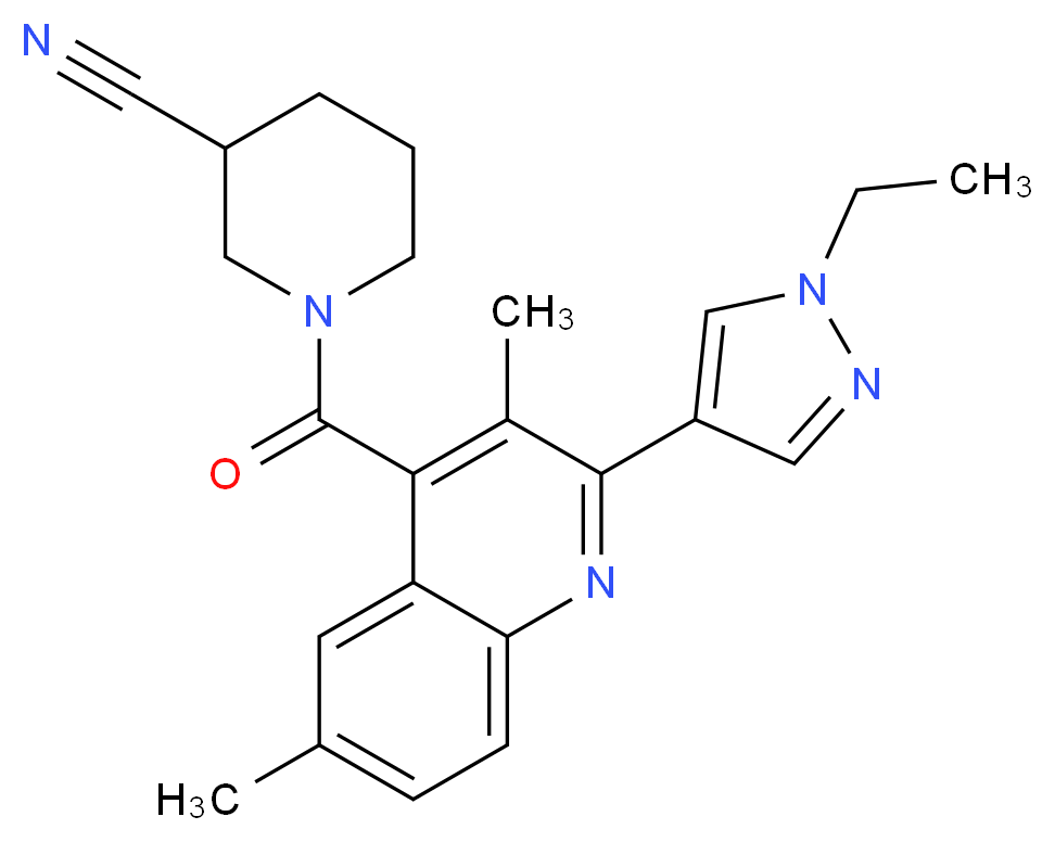 1-{[2-(1-ethyl-1H-pyrazol-4-yl)-3,6-dimethylquinolin-4-yl]carbonyl}piperidine-3-carbonitrile_分子结构_CAS_)