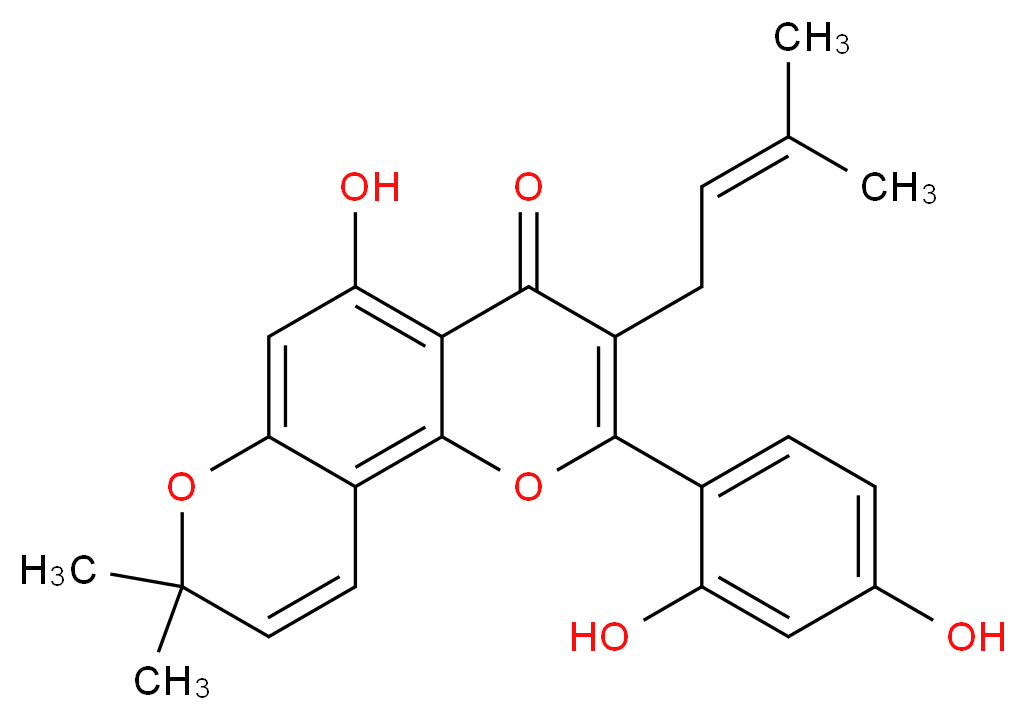 2-(2,4-dihydroxyphenyl)-5-hydroxy-8,8-dimethyl-3-(3-methylbut-2-en-1-yl)-4H,8H-pyrano[2,3-h]chromen-4-one_分子结构_CAS_62596-29-6