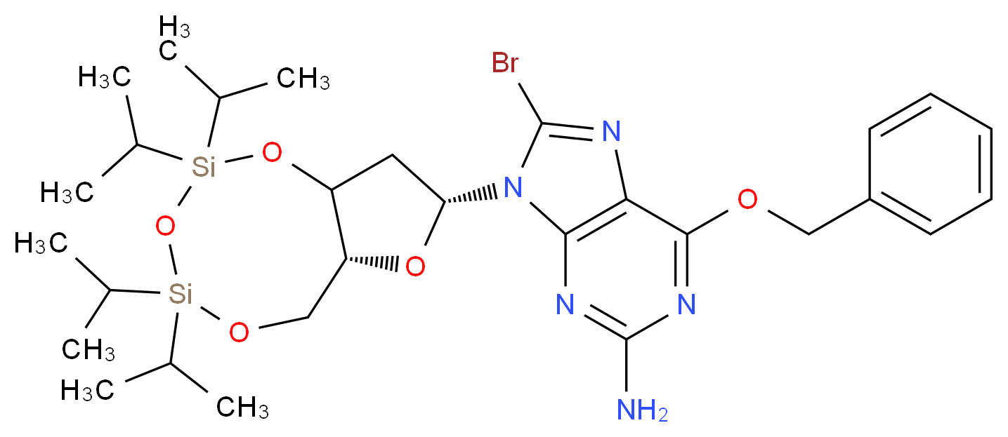 9-[(6aR,8R)-2,2,4,4-tetrakis(propan-2-yl)-hexahydro-2H-furo[3,2-f][1,3,5,2,4]trioxadisilocin-8-yl]-6-(benzyloxy)-8-bromo-9H-purin-2-amine_分子结构_CAS_328394-26-9