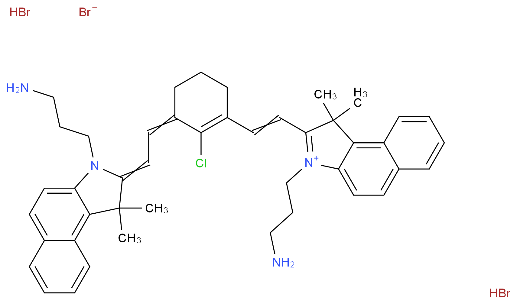 3-(3-aminopropyl)-2-[2-(3-{2-[3-(3-aminopropyl)-1,1-dimethyl-1H,2H,3H-benzo[e]indol-2-ylidene]ethylidene}-2-chlorocyclohex-1-en-1-yl)ethenyl]-1,1-dimethyl-1H-benzo[e]indol-3-ium bromide dihydrobromide_分子结构_CAS_162411-30-5