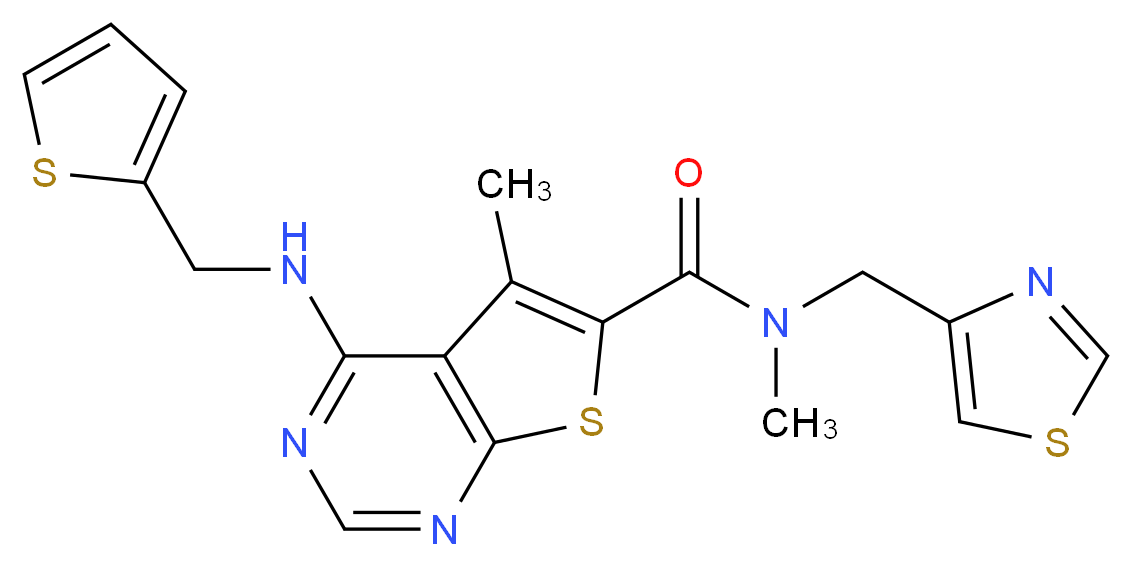 N,5-dimethyl-N-(1,3-thiazol-4-ylmethyl)-4-[(2-thienylmethyl)amino]thieno[2,3-d]pyrimidine-6-carboxamide_分子结构_CAS_)
