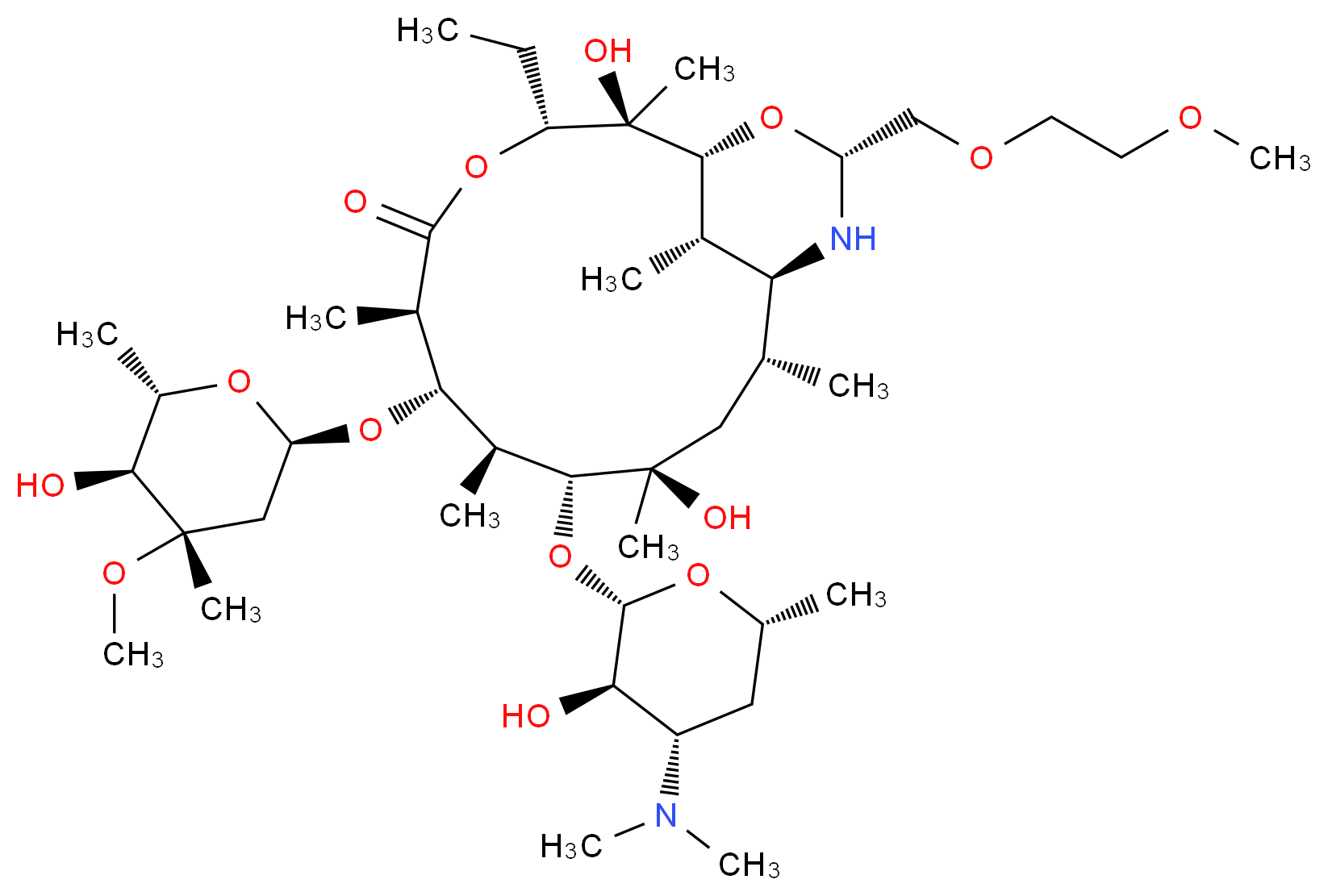 (1R,2R,3R,6R,7S,8S,9R,10R,12R,13S,15R,17S)-9-{[(2S,3R,4S,6R)-4-(dimethylamino)-3-hydroxy-6-methyloxan-2-yl]oxy}-3-ethyl-2,10-dihydroxy-7-{[(2R,4S,5S,6S)-5-hydroxy-4-methoxy-4,6-dimethyloxan-2-yl]oxy}-15-[(2-methoxyethoxy)methyl]-2,6,8,10,12,17-hexamethyl-4,16-dioxa-14-azabicyclo[11.3.1]heptadecan-5-one_分子结构_CAS_62013-04-1