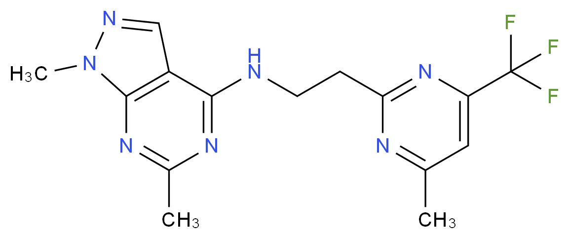 1,6-dimethyl-N-{2-[4-methyl-6-(trifluoromethyl)-2-pyrimidinyl]ethyl}-1H-pyrazolo[3,4-d]pyrimidin-4-amine_分子结构_CAS_)