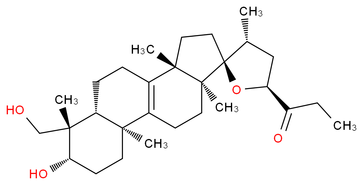 1-[(2S,2'S,3R,5S,5'S,6'S,7'R,11'S,15'S)-5'-hydroxy-6'-(hydroxymethyl)-2',3,6',11',15'-pentamethylspiro[oxolane-2,14'-tetracyclo[8.7.0.0<sup>2</sup>,<sup>7</sup>.0<sup>1</sup><sup>1</sup>,<sup>1</sup><sup>5</sup>]heptadecan]-1'(10')-en-5-yl]propan-1-one_分子结构_CAS_81241-53-4