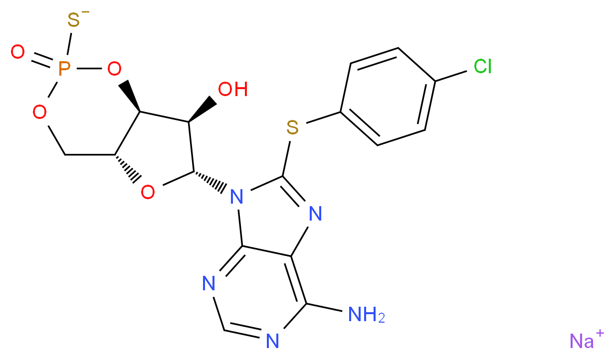 sodium [(4aR,6R,7R,7aS)-6-{6-amino-8-[(4-chlorophenyl)sulfanyl]-9H-purin-9-yl}-7-hydroxy-2-oxo-hexahydro-1,3,5,2λ<sup>5</sup>-furo[3,2-d][1,3,2λ<sup>5</sup>]dioxaphosphinin-2-yl]sulfanide_分子结构_CAS_129735-01-9