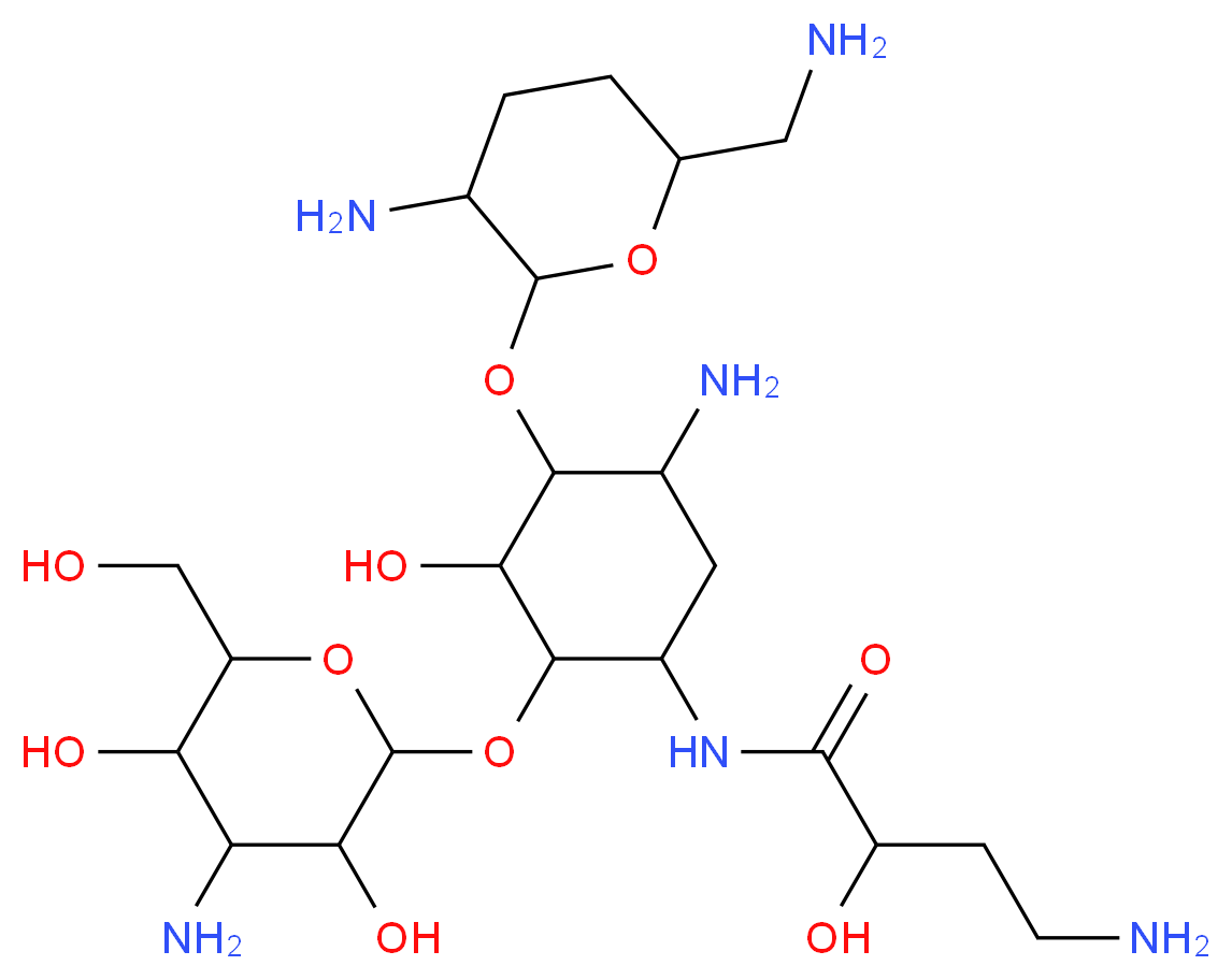 4-amino-N-(5-amino-2-{[4-amino-3,5-dihydroxy-6-(hydroxymethyl)oxan-2-yl]oxy}-4-{[3-amino-6-(aminomethyl)oxan-2-yl]oxy}-3-hydroxycyclohexyl)-2-hydroxybutanamide_分子结构_CAS_51025-85-5