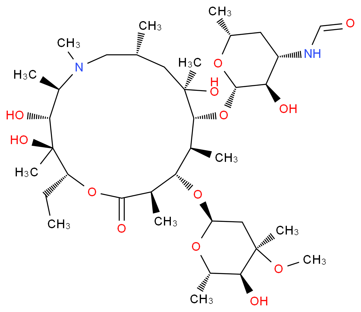 N-[(2S,3R,4S,6R)-2-{[(2R,3S,4R,5R,8R,10R,11R,12S,13S,14R)-2-ethyl-3,4,10-trihydroxy-13-{[(2R,4R,5S,6S)-5-hydroxy-4-methoxy-4,6-dimethyloxan-2-yl]oxy}-3,5,6,8,10,12,14-heptamethyl-15-oxo-1-oxa-6-azacyclopentadecan-11-yl]oxy}-3-hydroxy-6-methyloxan-4-yl]formamide_分子结构_CAS_765927-71-7