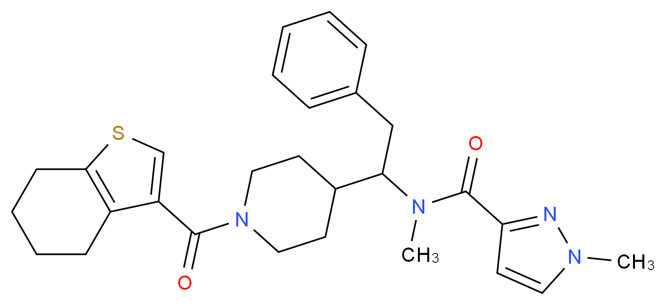 N,1-dimethyl-N-{2-phenyl-1-[1-(4,5,6,7-tetrahydro-1-benzothien-3-ylcarbonyl)-4-piperidinyl]ethyl}-1H-pyrazole-3-carboxamide_分子结构_CAS_)