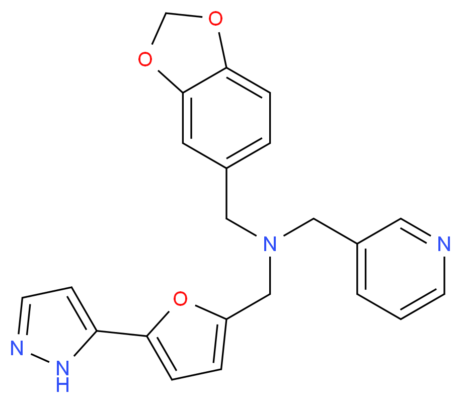 (1,3-benzodioxol-5-ylmethyl){[5-(1H-pyrazol-5-yl)-2-furyl]methyl}(pyridin-3-ylmethyl)amine_分子结构_CAS_)